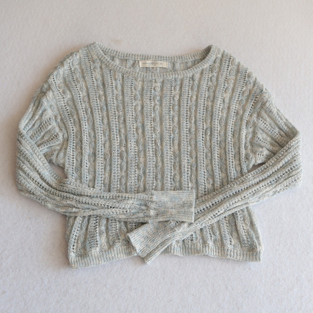 Natural Life Womens XS Blue White Metallic Open Knit Cable Sweater Shimmer